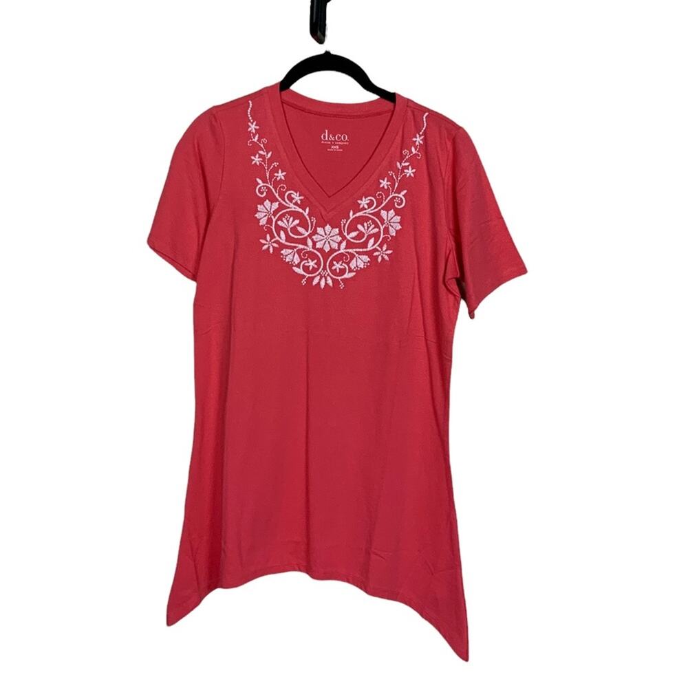 Denim + Company Short Sleeve Sharkbite Tunic Cotton Knit Shirt Coral Size XXS